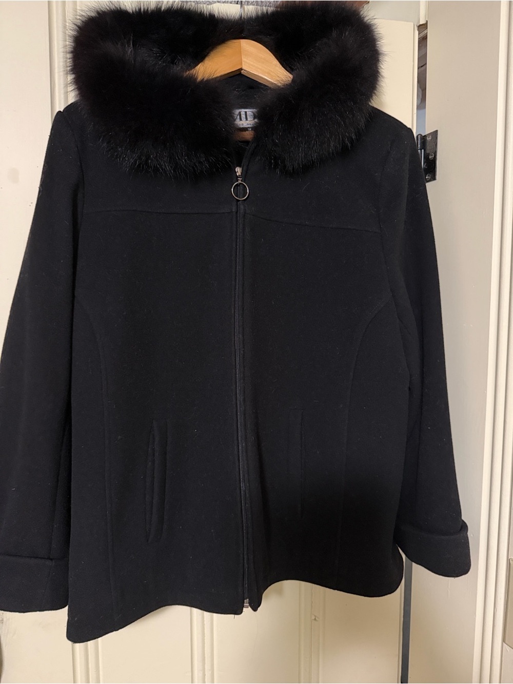 Women's Black Wool-Blend Hooded Pea Coat with Fur Trim